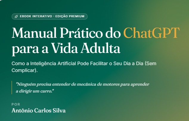 Capa do e-book Manual Prático do ChatGPT para a Vida Adulta, edição premium, fundo verde-esmeralda com detalhes dourados
