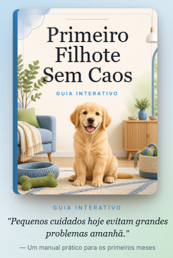 Capa do guia Primeiro Filhote Sem Caos, com um filhote golden retriever em uma sala clara e acolhedora